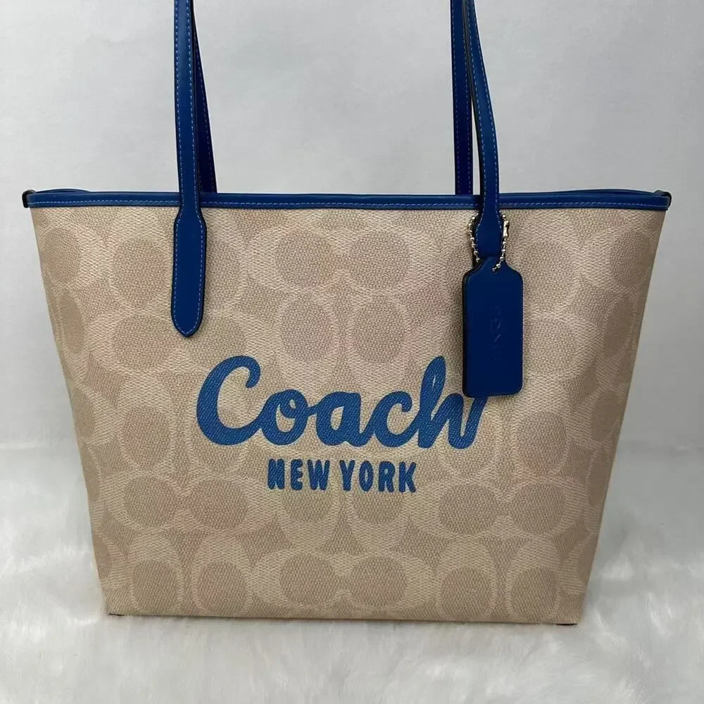 Coach City Tote Bag Signature Canvas W Coach Graphic Sand/Pacific Blue CY705 NWT